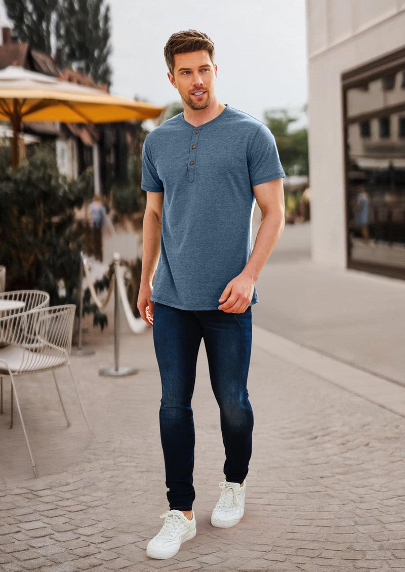 PEGENO Men's Casual Slim Fit Short Sleeve Henley T-Shirts Cotton Shirts VG-Blue-US L - Image 5